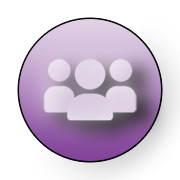 The image depicts a graphic icon of a group of people, typically representing social interaction or community, within a circular button-like shape.
