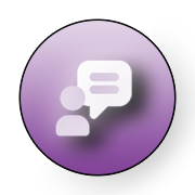 The image shows a circular icon with a purple background, featuring a speech bubble graphic on the left side and a silhouette of a person's head and shoulders on the right.