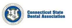 The image is a logo for the Connecticut State Dental Association, featuring an emblem with a dental tool and a globe, along with text.